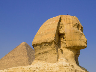 View of the Great Sphinx and the Great Pyramid of Giza. In Cairo, Egypt