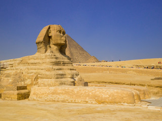 View of the Great Sphinx and the Great Pyramid of Giza. In Cairo, Egypt