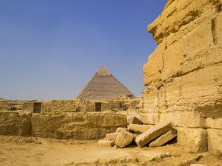 View of the Valley Temple and the Pyramid of Khafre, Giza necropolis, Cairo, Egypt