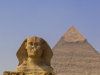 View of the Great Sphinx of Giza with the Pyramid of Khafre in the background. In Cairo, Egypt