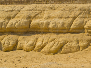 Seeming signs of rain erosion on the Great Sphinx of Giza. In Cairo, Egypt