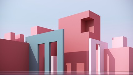 Architectural,conceptual composition on  bright pink background with stairs - 3d, render. Simple, stylish, popular architectural illustration for advertising, business, presentations, wallpapers.