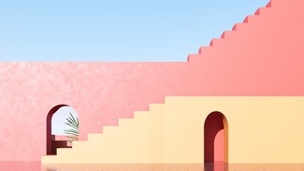 Bright design against the blue sky with tropical palm leaves - 3D, render.Architectural background of buildings with stairs and arches.  Banner, poster, card for travel, presentations with copy space.