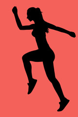 Fototapeta na wymiar Black silhouette of slender female athlete running on red background