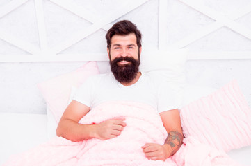 Circadian rhythm is natural internal process that regulates sleep wake cycle. Perfect rest. Man handsome guy in bed. Enough amount sleep every night. Tips sleep better. Bearded man relaxing on pillow