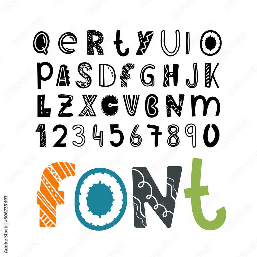 Poster set of vector letters and digits cartoon style. comic alphabet template for a