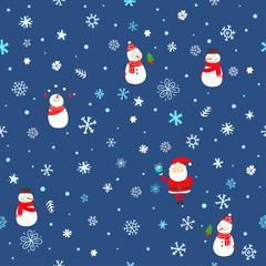 Seamless pattern of different winter snowflakes and snowmen
