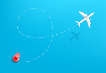 Airplane travel travel concept vector illustration. Travel trajectory with start point