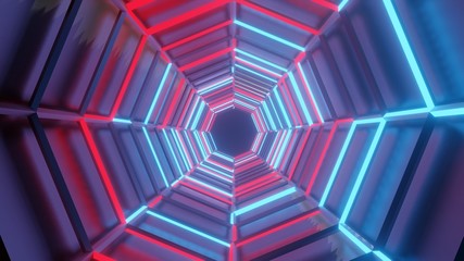  rotating neon Octagon creating a tunnel, blue red pink violet spectrum, fluorescent ultraviolet...