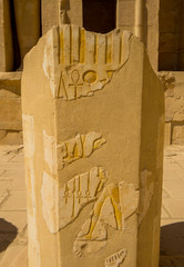 Hieroglyphs in the Mortuary Temple of Hatshepsut in Luxor, Egypt