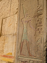 Hieroglyphs in the Mortuary Temple of Hatshepsut in Luxor, Egypt
