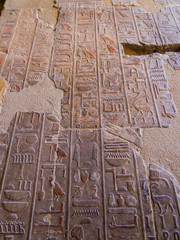Hieroglyphs in the Mortuary Temple of Hatshepsut in Luxor, Egypt