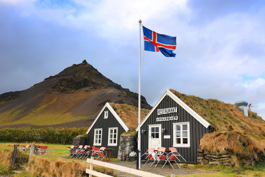 Typical green house with grass roof in Iceland, Europe