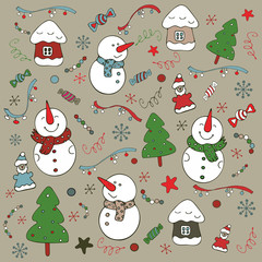A set of New Year objects on a sand background. Snowmen, houses, snowflakes, Christmas trees