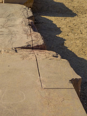 Signs of apparent machinery stone cutting in the Ramesseum Temple in Luxor, Egypt
