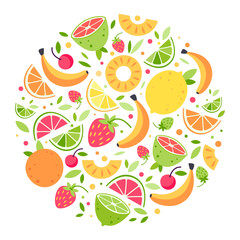 Fruits pattern. Summer fruits and berries rounded element border. Summer fruits for healthy lifestyle. Vector flat cartoon rounded illustration on white background