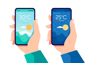 Hands holding smartphone with weather app, night and sunny day concept, touchscreen device with nature way day turns to night vector flat illustration for websites and banners design
