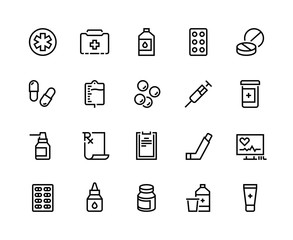 Drugs line icon. Medicine prescription, pharmacy recipes, pills capsules inhaler. Vector medical supplies for clinic and hospital, capsule and pill medication linear pictogram