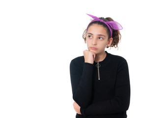 young girl looking worried isolated on white background