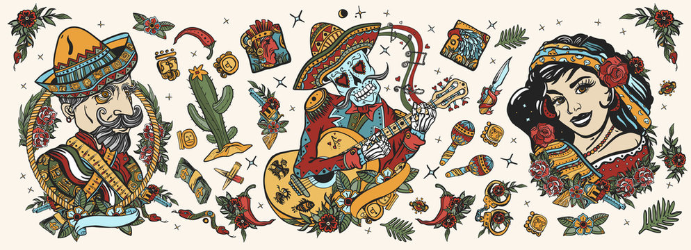 Mexico. Skeleton with guitar, mexican woman, bandit. Day Of Dead art. Old school tattoo vector collection. National culture and people. Traditional tattooing style