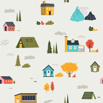 Cute houses pattern. Funny cartoon kids seamless texture with tiny houses trees and mountain. Vector trendy flat print city or village template with clouds, drawing texture for design wallpaper