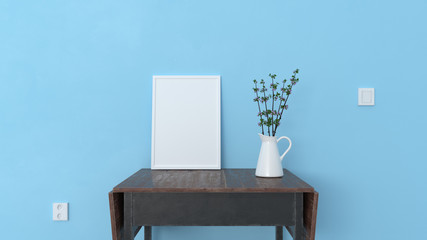 3d rendering of blank picture frame with small branch on baby blue wall