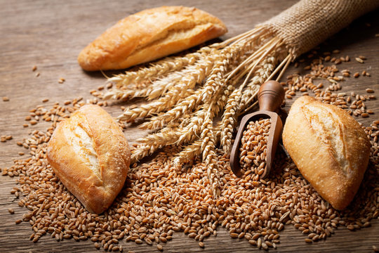 fresh bread with wheat ears and grains