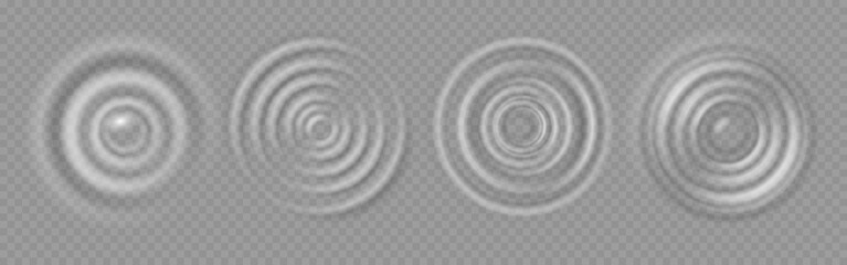 Water ripple. Realistic caustic drop or sound wave splash effects, concentric circles in puddle. Vector set round wave surfaces on transparent background