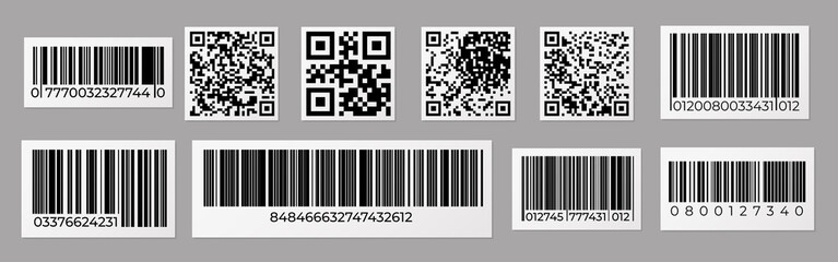 Barcode and QR code. Product price sticker with stripped identification mark for retail, data bar number. Vector inventory tag set or label products with scanner labeled information identity products