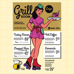 Vintage diner poster menu template. Retro waitress on roller skates. drive-in waitress. 50's diner waitress