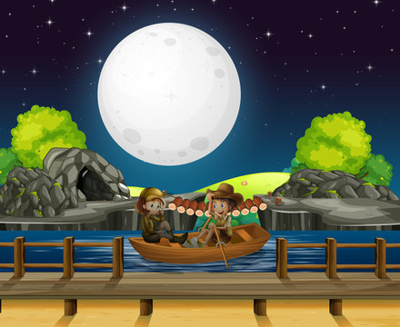 Scene background design with people rowing boat at night