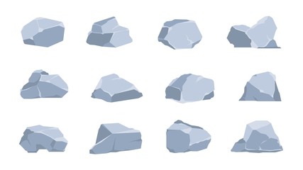 Cartoon rocks. Coal and gray stone, flat isometric 3D boulders and cliff of various shapes. Vector image graphic geometric polygonal concrete gravel set for game illustration