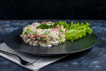 Salad of crackers, Peking cabbage, sweet pepper, hard cheese, balyk. Dressed with mayonnaise sauce. Garnished with cranberries. Festive, New Year's dish. High-calorie, nutritious. Copy space. 