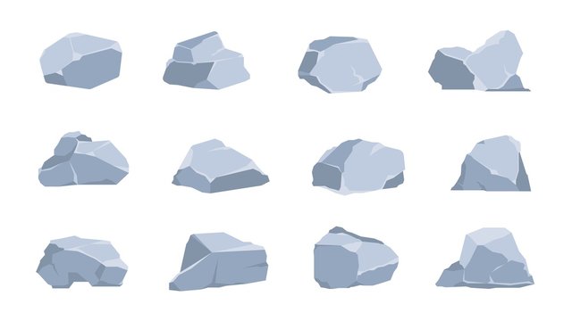 Cartoon rocks. Coal and gray stone, flat isometric 3D boulders and cliff of various shapes. Vector image graphic geometric polygonal concrete gravel set for game illustration