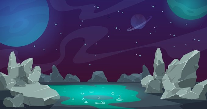 Space background. Game UI cartoon planet landscape, desert with rocks and stones. Vector abstract cartoon alien cosmic backdrop with fluid with bubbles, stars and clouds