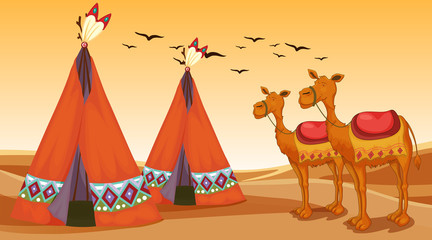 Scene with camels and teepees in the desert