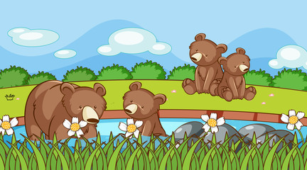 Scene with grizzly bears in garden