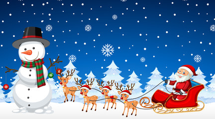 Scene with snowman and Santa on Christmas night