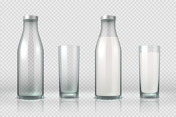 Glass and bottle with milk. Realistic empty, half full and full glass bottle, 3D mockup milk product. Vector set milky beverage in container on transparent background