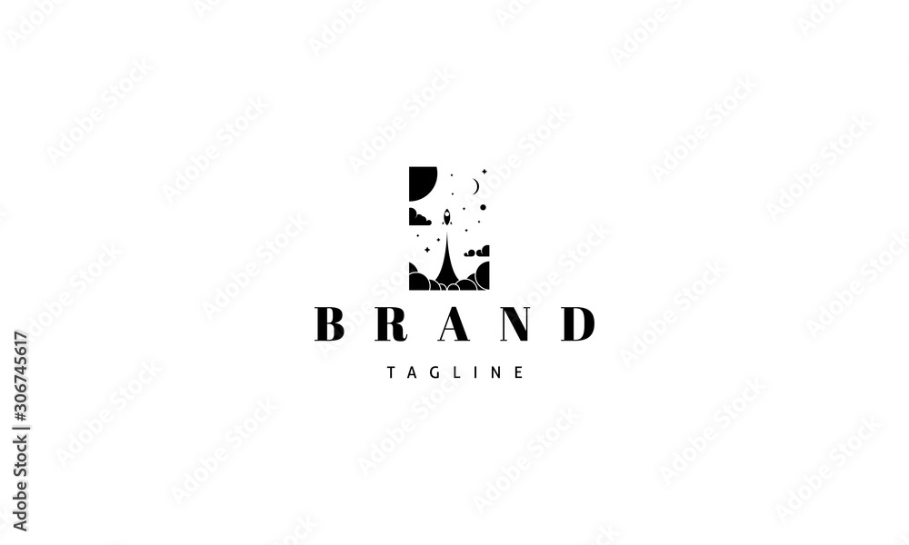 Wall mural vector logo on which an abstract image of a soaring rocket on a background of stars.