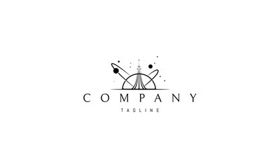 Vector logo on which an abstract image of a soaring rocket against the background of stars and planets.