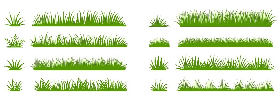 Green grass silhouette. Cartoon lines of plants and shrubs for boarding and framing, eco and organic logo element. Vector set spring field planting shapes lawn or borders garden on white background