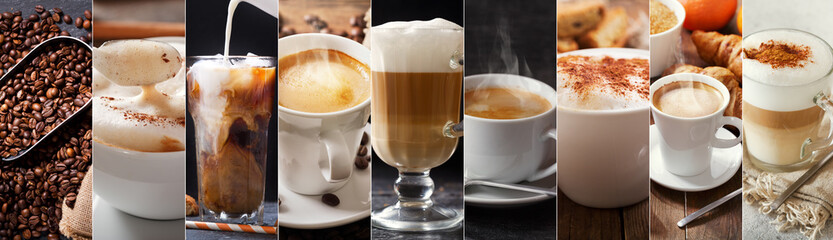 coffee collage of various types coffee drinks