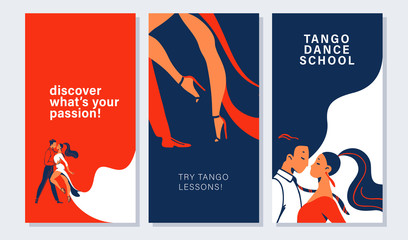 Collection of banners and cards with tango dancers pair in flat minimalistic style. Advertising for dance studio, tango lessons, workshop. Vector illustration. - obrazy, fototapety, plakaty