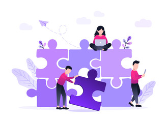 Finding solution, problem solving. Teamwork and partnership. Working team collaboration, enterprise cooperation, colleagues mutual assistance concept. Website homepage header landing web page template