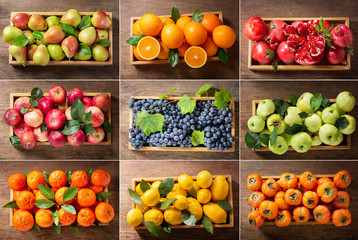 food collage of fresh fruits in a wooden boxes