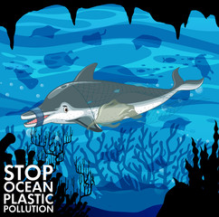 Obraz na płótnie Canvas Underwater scene with dolphin and plastic bags