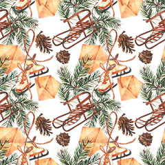 Naklejka premium Watercolor christmas seamless pattern with vintage decor. Sled, skates, cone, spruce branch on an isolated white background, hand drawing. Stock illustration. Fabric wallpaper print texture.