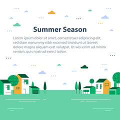 Summer season in small town, tiny village view, row of residential houses, beautiful green neighborhood - 306747478
