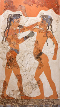 Wall painting fresco of Boxing Boys from Minoan Settlement of Akrotiri on Santorini island, Cyclades, Greece